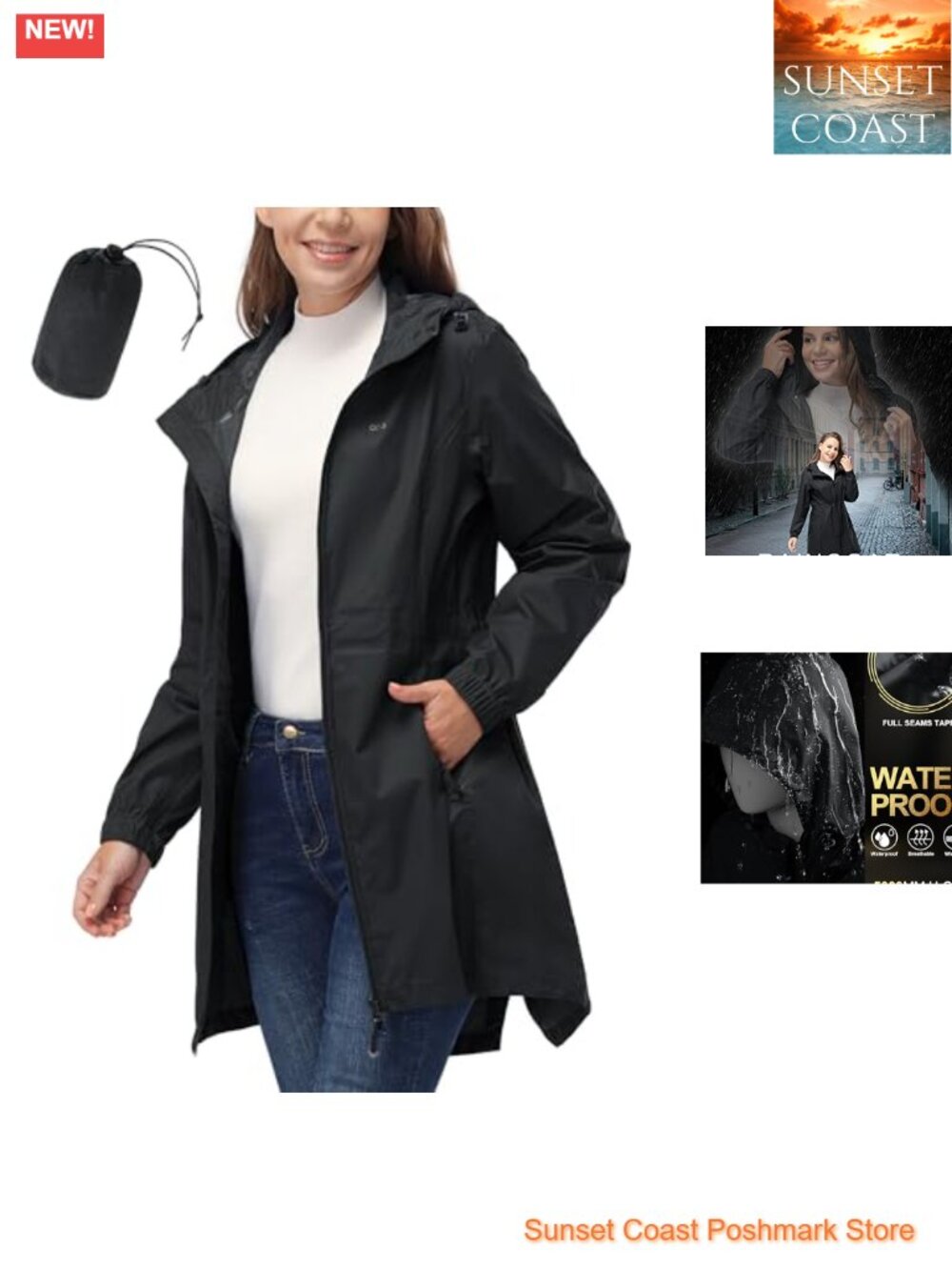 Women's Waterproof Packable Long Raincoat Hooded Nylon